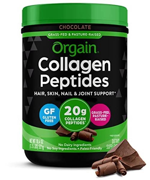 Orgain Hydrolyzed Collagen Peptides Powder For Women & Men, Chocolate, 20g Grass Fed Collagen - Hair, Skin, Nail, & Joint Support Supplement, Paleo & Keto, Non-GMO, Type I and III,