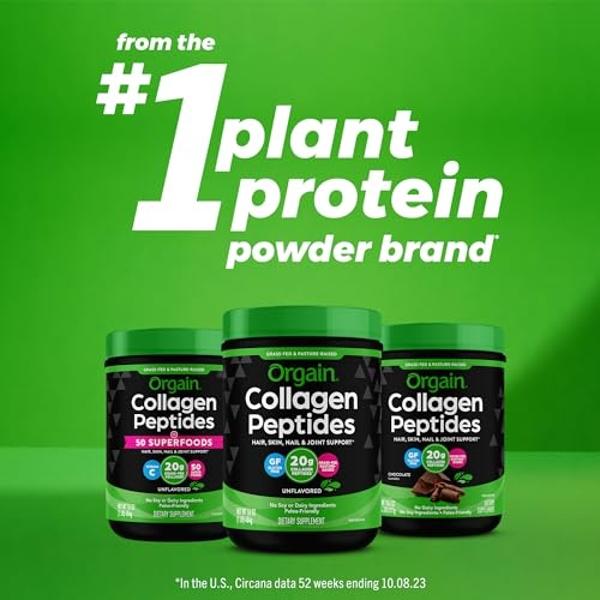 Orgain Hydrolyzed Collagen Peptides Powder For Women & Men, Chocolate, 20g Grass Fed Collagen - Hair, Skin, Nail, & Joint Support Supplement, Paleo & Keto, Non-GMO, Type I and III,