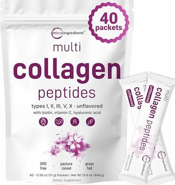 Multi Collagen Peptides, 40 Packets | Hydrolyzed Protein Peptides Powder | Type I,II,III,V,X with Hyaluronic Acid, Biotin, & Vitamin C | Unflavored, Keto, & Paleo Friendly | Ez Mix