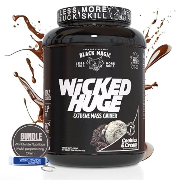 Worldwide Nutrition Bundle Compatible with Black Magic Wicked Huge - Mass Gainer Cookies and Cream Flavor for Muscle Support and Recovery, 7.68 LBS Protein Powder Supplement with K