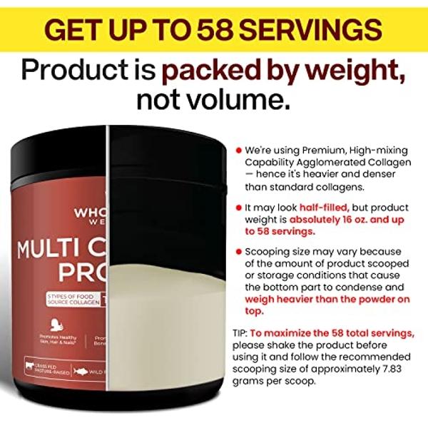 Wholesome Wellness Multi Collagen Protein Powder Hydrolyzed (Type I II III V X) Grass-Fed All-in-One Super Bone Broth + Peptides - Premium Blend of Beef, Chicken, Wild Fish, Eggshe