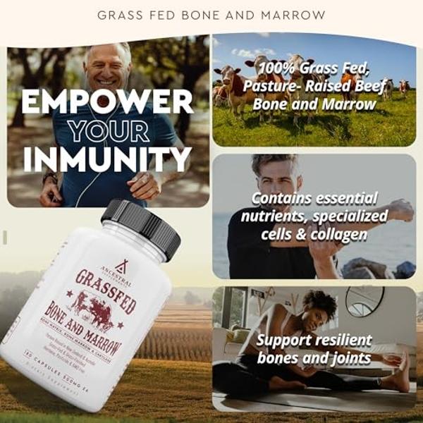 Ancestral Supplements Grass Fed Beef Bone and Marrow Supplement, 3000mg, Skin, Oral Health, and Joint Support Supplement, Promotes Whole-Body Wellness, Non GMO Whole Bone Extract, 