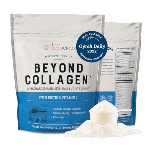 Live Conscious Beyond Collagen Multi Collagen Powder for Women w/Types I, II, III, V & X - Keto Friendly, Hydrolyzed Collagen Peptides Powder Blend w/Biotin & Vitamin C 41 Servings