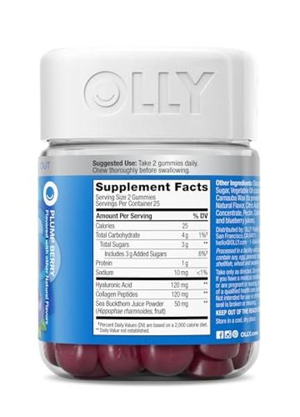 OLLY Glowing Skin Collagen Gummy, Hydrated, Youthful Skin, Hyaluronic Acid, Sea Buckthorn, Chewable Supplement, Berry, 25 Day Supply - 50 Count