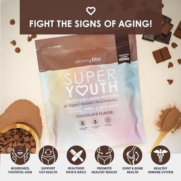 SkinnyFit Super Youth Chocolate Multi-Collagen Peptides + Probiotics, Baobab Fiber, Apple Cider Vinegar, Hyaluronic Acid, & Vitamin C, Skin, Hair, Joint & Metabolism Support, 30 Se