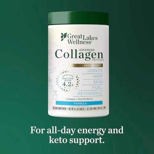 Great Lakes Wellness Keto Boost Advanced Collagen Peptides Powder with 4.2g MCTs - Vanilla Flavored - Nutritiously-Rich Non-Dairy Coffee Creamer or Smoothie Alt - Non-GMO, Kosher -