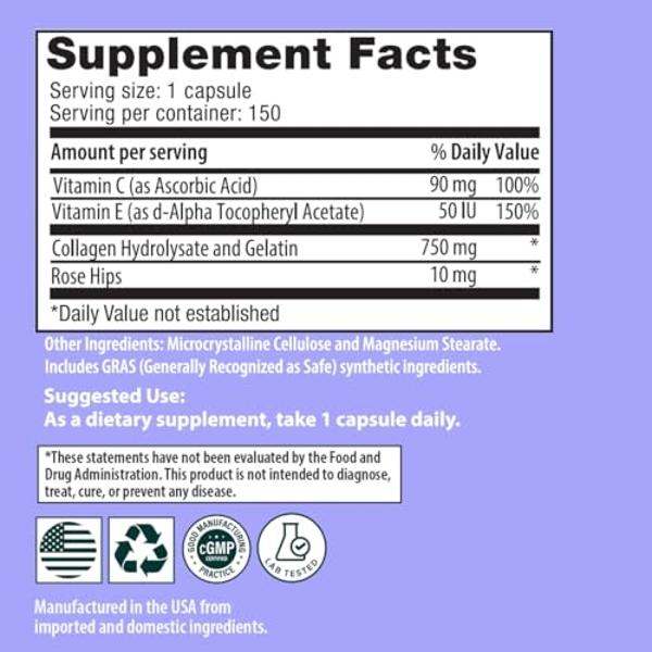 Sanar Naturals Collagen Pills with Vitamin C, E - for Hair, Skin, Nails, Joint Health, Reduce Wrinkles - Hydrolyzed Collagen for Women & Men Supplement - Grass Fed, Non-GMO, 150 Ca