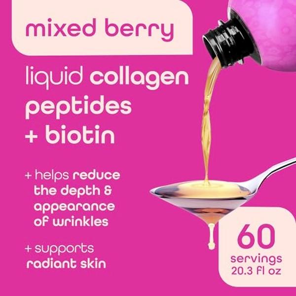 Zena Nutrition Liquid Collagen Peptides and Biotin, 2500mg Verisol Bioactive Collagen Peptides, 5000mcg Biotin, Hair, Skin, Nail Supplement for Women and Men, Mixed Berry, 60 Servi