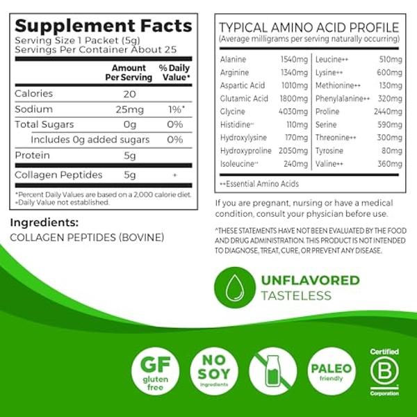 Orgain Hydrolyzed Collagen Peptides Travel Packets For Women & Men - 5g Grass Fed Collagen Per Serving, Hair, Skin, Nail & Joint Support Supplement, Non-GMO, Type I & III - Unflavo