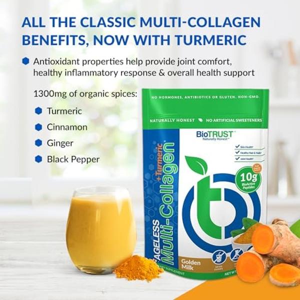 BioTrust Collagen Powder with Turmeric – 5 Types (I, II, III, V, X) – Turmeric Collagen Powder for Women & Men – Hydrolyzed Protein – Grass Fed Beef, Fish, Chicken, Eggshell Membra