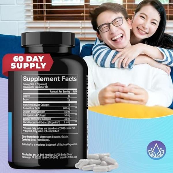 DR. EMIL NUTRITION Multi Collagen Pills - 180 Capsules - Collagen Supplements to Support Hair, Skin, Nails, & Joints - Hydrolyzed Collagen Supplements for Women with Types I, II, I