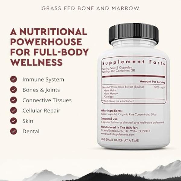 Ancestral Supplements Grass Fed Beef Bone and Marrow Supplement, 3000mg, Skin, Oral Health, and Joint Support Supplement, Promotes Whole-Body Wellness, Non GMO Whole Bone Extract, 