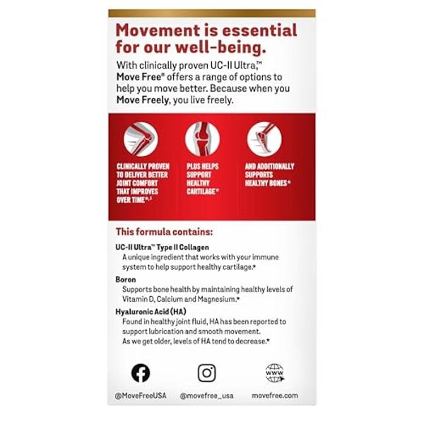 Move Free Ultra Triple Action Joint Support Supplement - Type II Collagen Boron & Hyaluronic Acid - Supports Joint Comfort, Cartiliage & Bones in 1 Tiny Pill Per Day, 64 Tablets (6