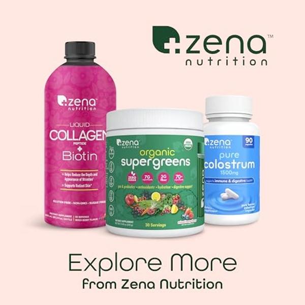 Zena Nutrition Liquid Collagen Peptides and Biotin, 2500mg Verisol Bioactive Collagen Peptides, 5000mcg Biotin, Hair, Skin, Nail Supplement for Women and Men, Mixed Berry, 60 Servi