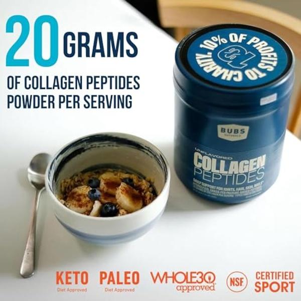 BUBS Naturals Unflavored Collagen Peptides Powder, Best Proteins for Joints & Skin, Pasture Raised Grass Fed, Paleo and Keto Friendly, Whole30 Approved, Non-GMO Dairy & Gluten Free
