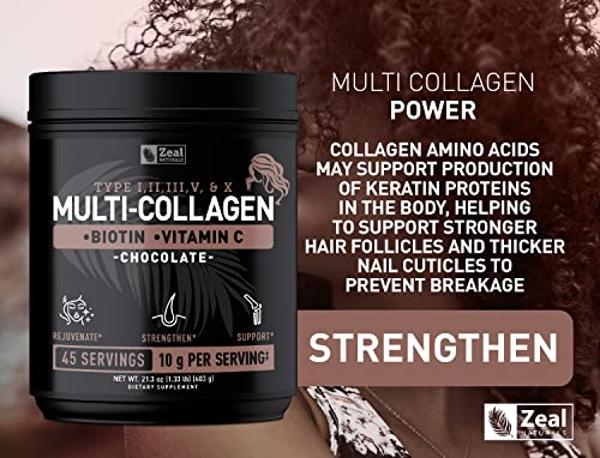 Premium Multi Collagen Peptides Protein Powder (1, 2, 3, 5 & 10) with Vitamin C, Biotin, Hyaluronic Acid, for Hair Skin and Nails - Marine, Bovine, Chicken & Eggshell (Chocolate, 4