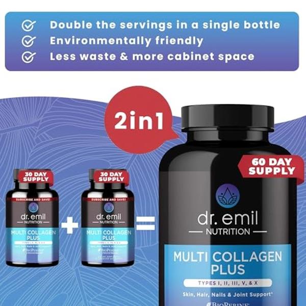 DR. EMIL NUTRITION Multi Collagen Pills - 180 Capsules - Collagen Supplements to Support Hair, Skin, Nails, & Joints - Hydrolyzed Collagen Supplements for Women with Types I, II, I