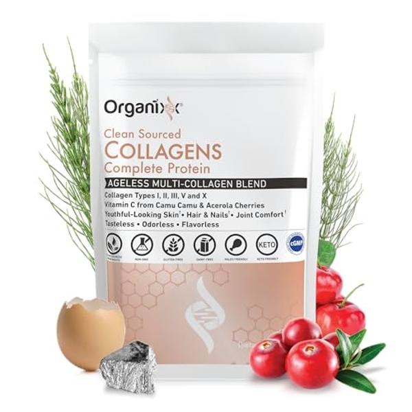 Organixx Collagen Peptides Powder with Vitamin C, Types I, II, III, V, X Hydrolyzed Collagen, Hair, Nail, Skin, Bone & Joint Health, Aging Support, Clean Sourced, Gluten Free, Unfl
