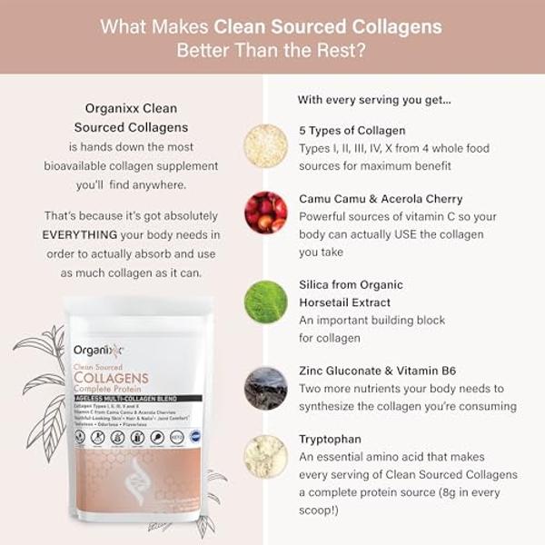Organixx Collagen Peptides Powder with Vitamin C, Types I, II, III, V, X Hydrolyzed Collagen, Hair, Nail, Skin, Bone & Joint Health, Aging Support, Clean Sourced, Gluten Free, Unfl