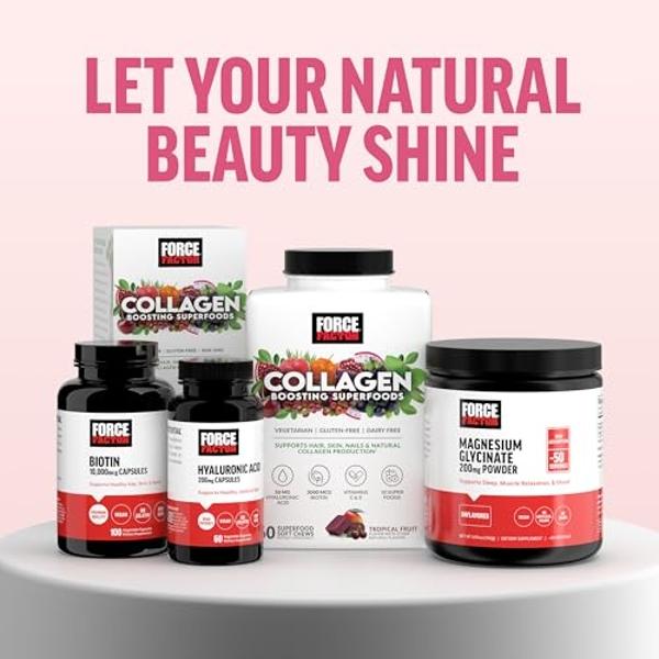 Force Factor Collagen Boosting Superfoods, Vegan Collagen Booster for Women, with Biotin, Hyaluronic Acid, and Vitamin C, for Hair, Skin, Nails, & Joint Support, Tropical Fruit, 60