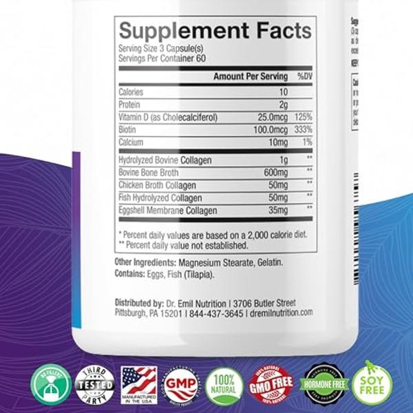 DR. EMIL NUTRITION Multi Collagen Peptides Plus Biotin and Vitamin D - Biotin and Collagen Supplements for Hair Skin and Nails - Biotin Pills for Hair Growth, 60 Servings