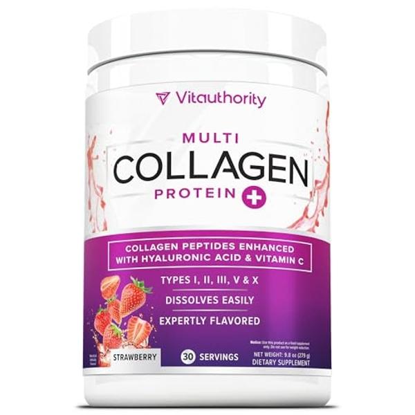 Multi Collagen Peptides Powder for Women and Men Instant Dissolving Grass Fed Hydrolyzed Drink Mix for Beautiful Hair Skin and Nails & Hyaluronic Acid Vitamin C | Strawberry Flavor