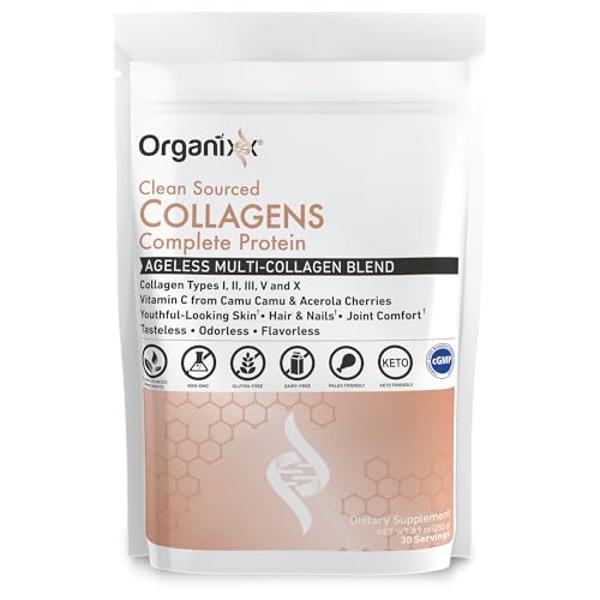 Organixx Collagen Peptides Powder with Vitamin C, Types I, II, III, V, X Hydrolyzed Collagen, Hair, Nail, Skin, Bone & Joint Health, Aging Support, Clean Sourced, Gluten Free, Unfl
