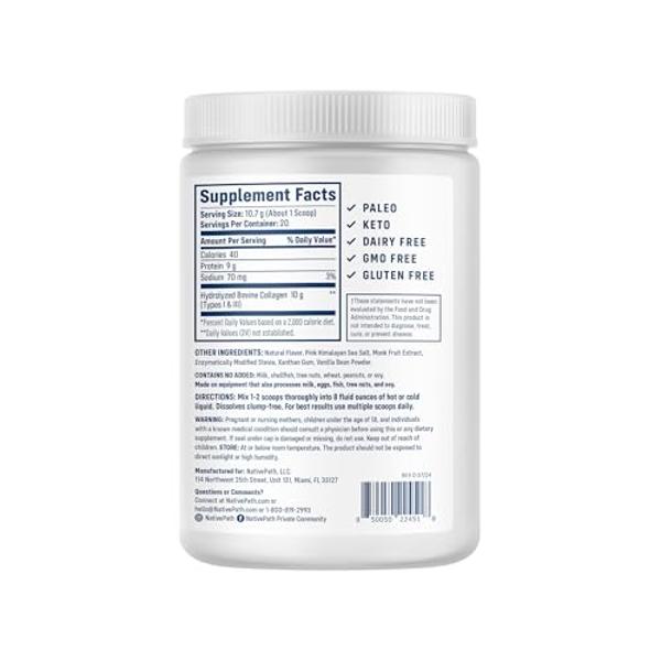 NativePath Collagen Peptides - Hydrolyzed Type 1 & 3 Collagen. Keto & Paleo Grass-Fed Protein Powder for Hair, Skin, Nails, Bones, Joints, Digestion and More - No Gluten or Dairy (