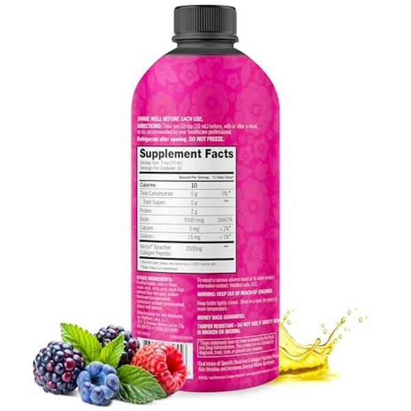 Zena Nutrition Liquid Collagen Peptides and Biotin, 2500mg Verisol Bioactive Collagen Peptides, 5000mcg Biotin, Hair, Skin, Nail Supplement for Women and Men, Mixed Berry, 60 Servi