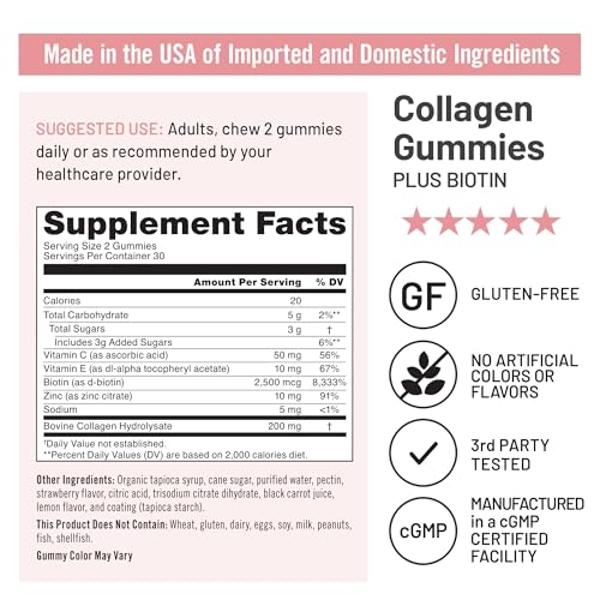 NatureWise Collagen Gummies - Hydrolyzed Collagen Gummies - Type 1 & 3 Peptides for Women + Biotin, Vitamin C, E, & Zinc for Hair Skin and Nails Support - 60 Count[1-Month Supply]