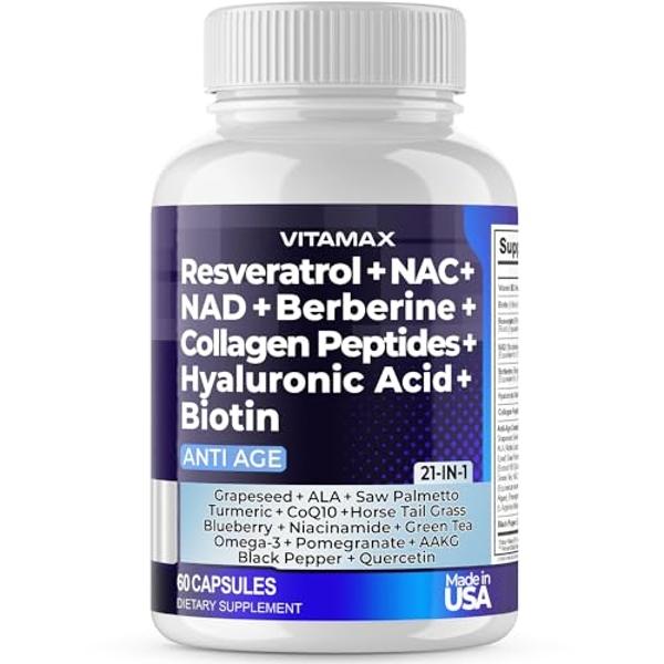 Resveratrol NAD+ Berberine Hyaluronic Acid - Biotin Grape & Blueberry + NAC - Collagen Peptides - Hair, Nail, Skin & Joint Supplement - 21-in-1 Women and Men - Made in USA (60 Coun