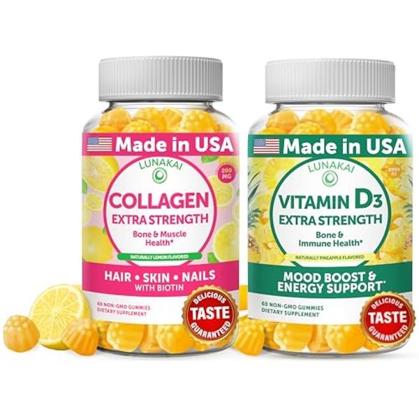 Lunakai Collagen and Vitamin D3 Gummies Bundle - Non-GMO Anti Aging Supplements for Men & Women - Immunity, Bone and Mood Support Gummy for Adults - 30 Days Supply