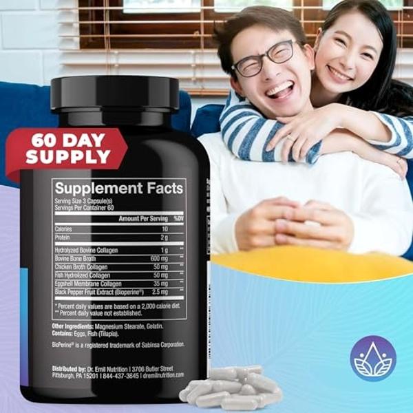 DR. EMIL NUTRITION Multi Collagen Pills - 180 Capsules - Collagen Supplements to Support Hair, Skin, Nails, & Joints - Hydrolyzed Collagen Supplements for Women with Types I, II, I