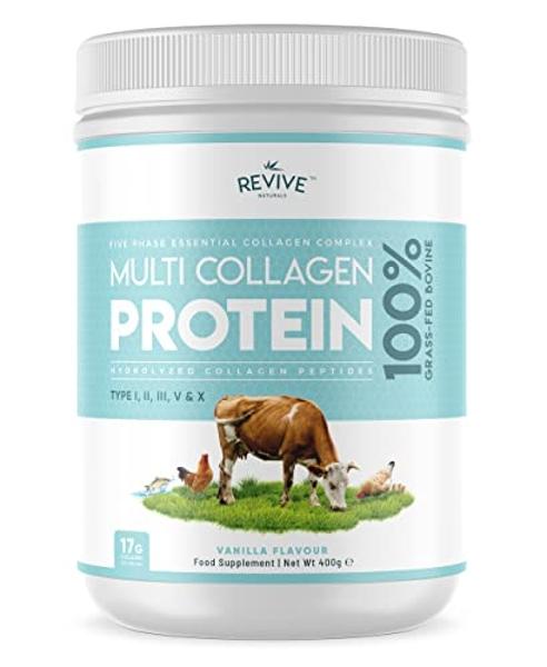 Revive Naturals Vanilla Multi Collagen Protein Powder - 400g - Unsweetened - 5 Types of Collagen Peptides - Hydrolyzed Grass Fed Bovine, Wild Caught Marine & Free-Range Chicken - K