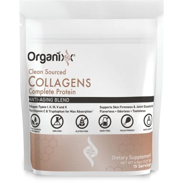 Organixx Collagen Peptides Powder with Vitamin C, Types I, II, III, V, X Hydrolyzed Collagen, Hair, Nail, Skin, Bone & Joint Health, Aging Support, Clean Sourced, Gluten Free, Unfl