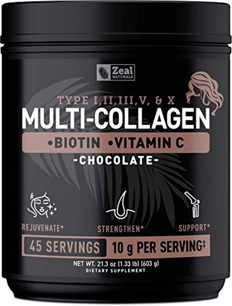 Premium Multi Collagen Peptides Protein Powder (1, 2, 3, 5 & 10) with Vitamin C, Biotin, Hyaluronic Acid, for Hair Skin and Nails - Marine, Bovine, Chicken & Eggshell (Chocolate, 4