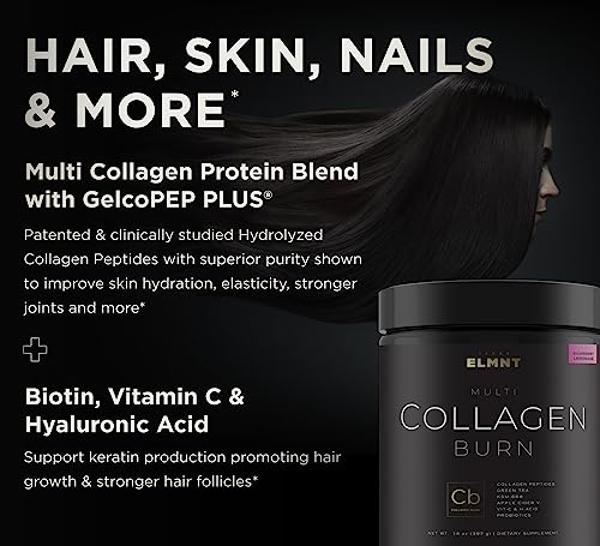 ELMNT Super Collagen Burn for Women w. Probiotics, Hyaluronic Acid, Apple C Vinegar, KSM66, Biotin+ Premium Colageno Multi Collagen Protein Powder for Weight Loss, Fat Burner, Hair