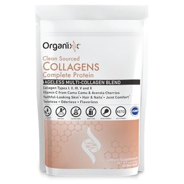 Organixx Collagen Peptides Powder with Vitamin C, Types I, II, III, V, X Hydrolyzed Collagen, Hair, Nail, Skin, Bone & Joint Health, Aging Support, Clean Sourced, Gluten Free, Unfl