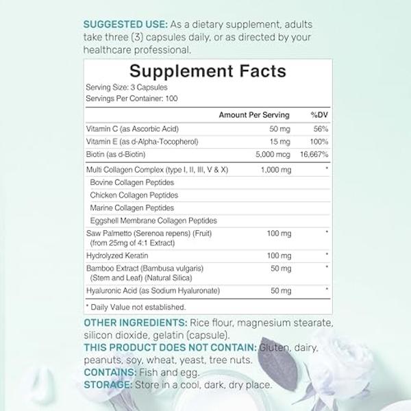 Multi Collagen Pills with Vitamin C, E & Biotin, 300 Capsules – Hydrolyzed Collagen Peptides – 11 in 1 Formula with Saw Palmetto, Bamboo Silica, & Hyaluronic Acid – Hair, Skin, Nai