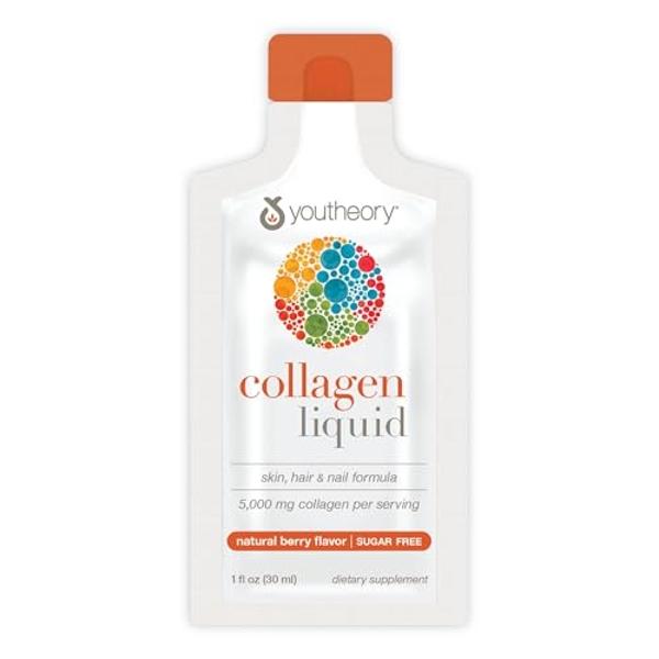 Youtheory Collagen Liquid - 5,000 mg Hydrolyzed Collagen - for Hair, Skin & Nails* - Sugar, Dairy & Soy Free - Berry Flavor - 12 Single Serving Packets