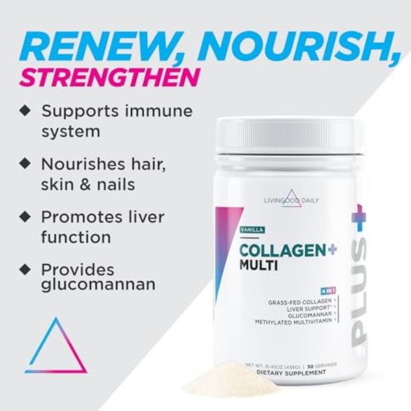 Livingood Daily Collagen Powder for Women and Men, Vanilla, Grass Fed Protein, Hydrolyzed Collagen Peptides with Vitamin C & Multi Vitamins for Hair, Skin, Nail & Gut Health, Glute
