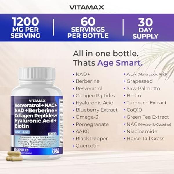 Resveratrol NAD+ Berberine Hyaluronic Acid - Biotin Grape & Blueberry + NAC - Collagen Peptides - Hair, Nail, Skin & Joint Supplement - 21-in-1 Women and Men - Made in USA (60 Coun