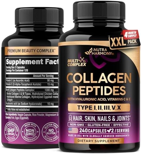 Multi Collagen Peptides - Hydrolyzed Types I, II, III, V & X - Collagen Supplement for Women 1300mg - w/ Hyaluronic Acid, Vitamins C & E - Skin, Hair, Nails & Joint Support - Made 
