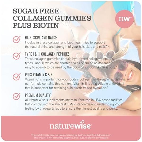 NatureWise Collagen Gummies - Sugar-Free Hydrolyzed Collagen Gummies - Type 1 & 3 Peptides for Women + Biotin, Vitamin C, E, & Zinc for Hair Skin and Nails Support - 60 Count[1-Mon