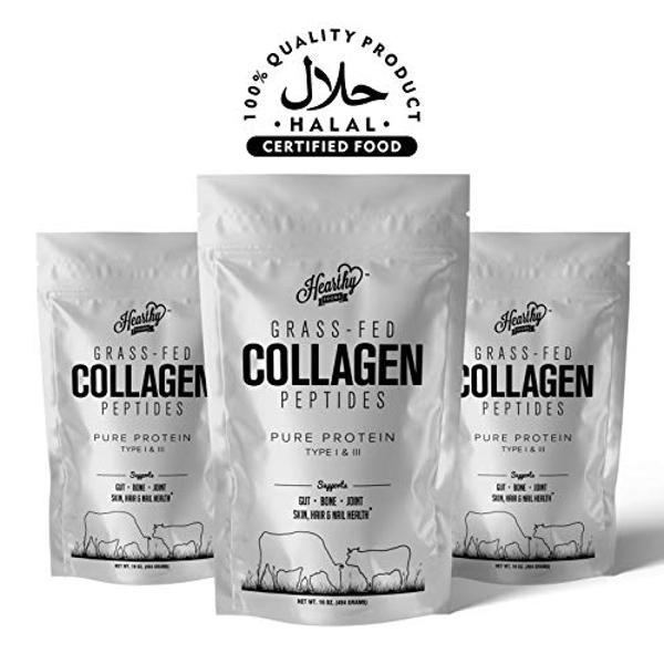 HEARTHY FOODS Collagen Powder - 18g Protein - Pure Halal Collagen Peptides Grass Fed Organic Hydrolyzed Powder | Type I and III Unflavoured Keto Friendly Gluten Free No Sugar Non G
