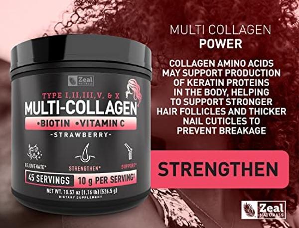 Premium Multi Collagen Peptides Protein Powder (1, 2, 3, 5 & 10) with Vitamin C, Biotin, Hyaluronic Acid, for Hair Skin and Nails - Marine, Bovine, Chicken & Eggshell (Strawberry, 