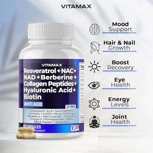 Resveratrol NAD+ Berberine Hyaluronic Acid - Biotin Grape & Blueberry + NAC - Collagen Peptides - Hair, Nail, Skin & Joint Supplement - 21-in-1 Women and Men - Made in USA (60 Coun
