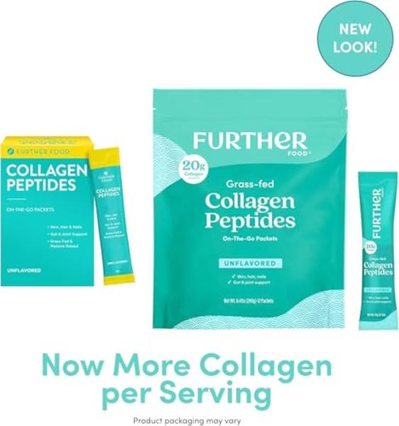 Further Food Unflavored Collagen Peptides Powder Stick Packs, Grass-Fed Pasture-Raised Hydrolyzed Type 1 & 3 Protein, Gut Health + Joint, Hair, Skin, Nails, Paleo Keto Sugar-Free 8