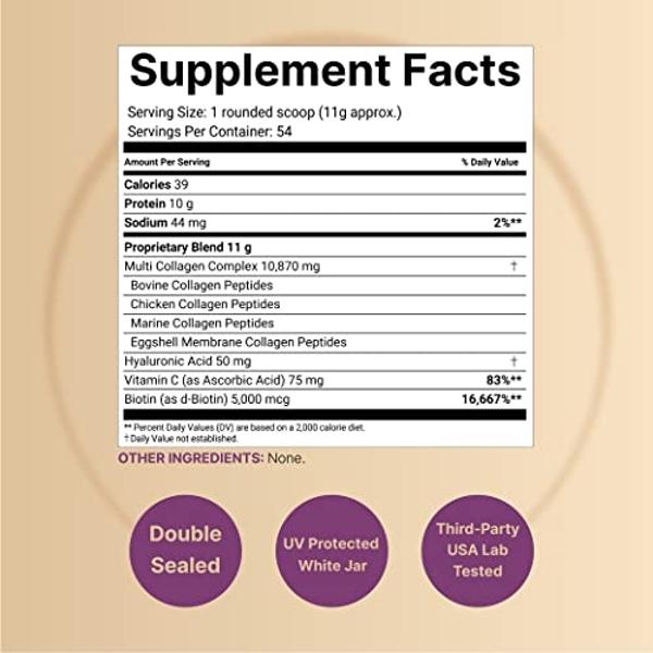 Multi Collagen Protein Powder 600g - 5 Types (I, II, III, V, X) Grass-Fed & Pasture-Raised | with Biotin 5000mcg, Vitamin C & Hyaluronic Acid | Keto, Paleo, Unflavored (54 Servings