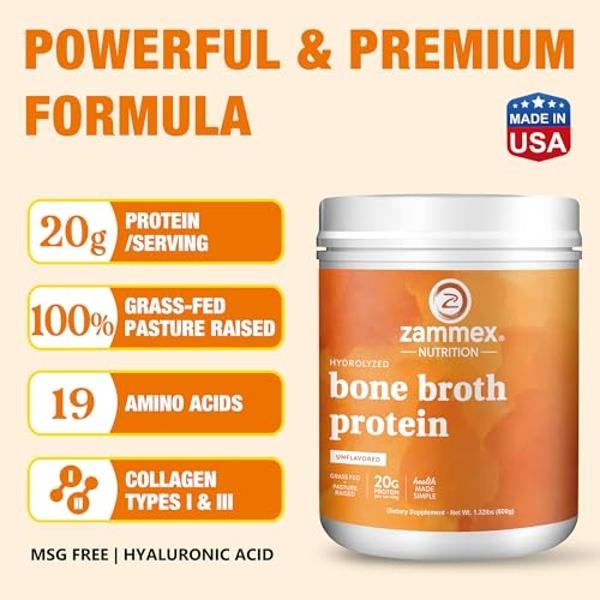 Zammex Pure Grass Fed Beef Bone Broth Protein Powder,20g Protein, Hydrolyzed Collagen Supplement for Healthy Skin,Nails,Hair,Joints, Non-GMO,Gluten Free,Paleo & Keto Friendly, Grea